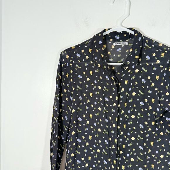 Reformation Violet Black Floral Semi Sheer Long Sleeve Button Up Blouse Small - Picture 10 of 15